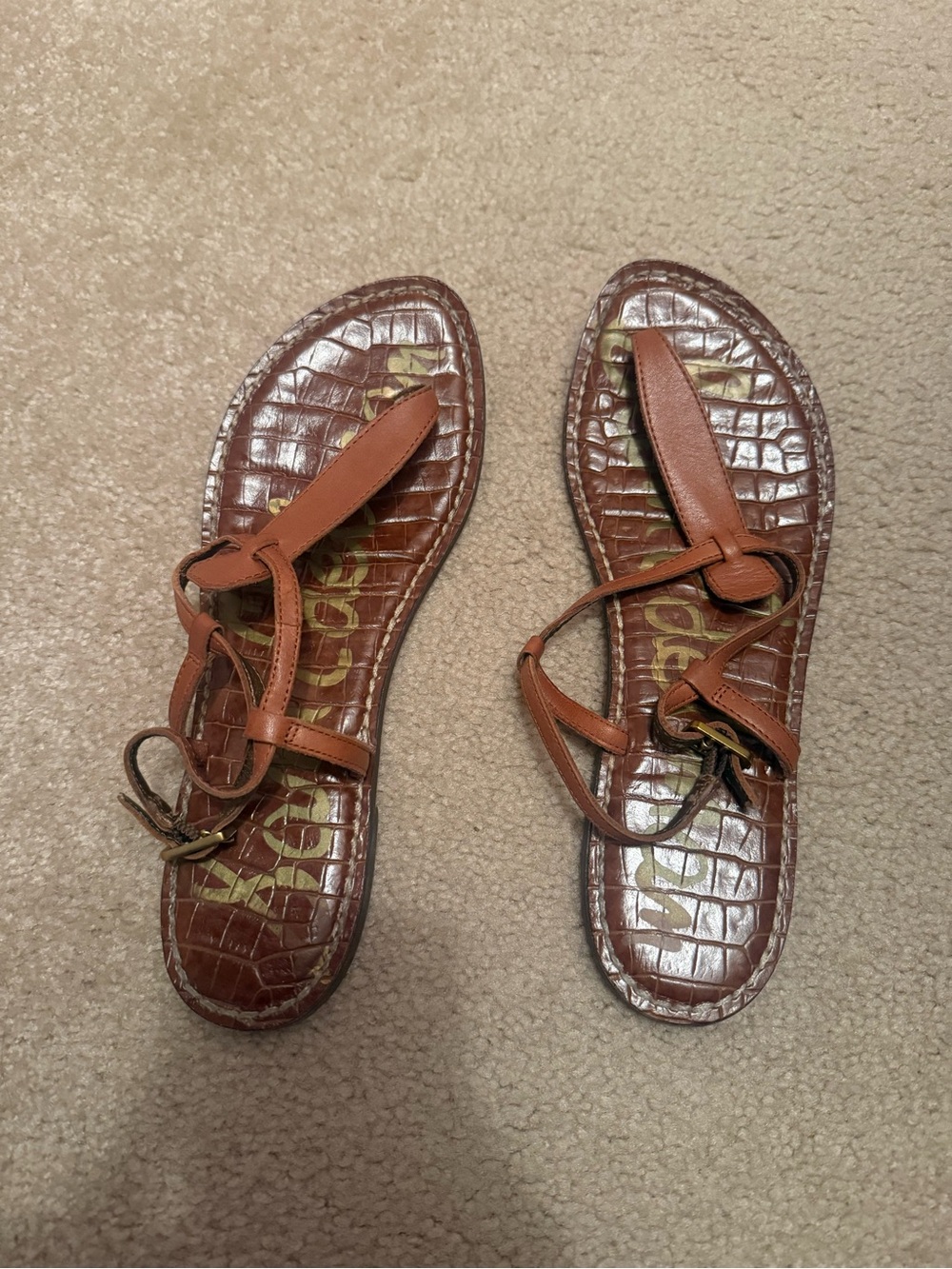 Sam Edelman Brown Croc-Embossed T-Strap Sandals